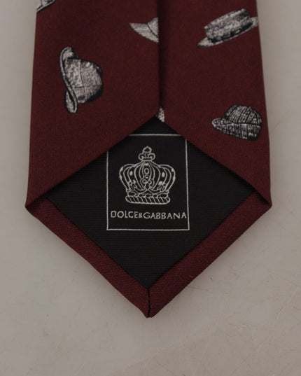 Dolce & Gabbana Maroon Hat Pattern 100% Silk Adjustable Accessory Tie