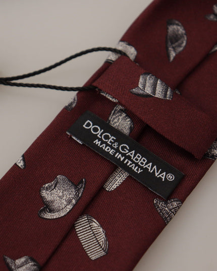 Dolce & Gabbana Maroon Hat Pattern 100% Silk Adjustable Accessory Tie