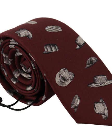 Dolce & Gabbana Maroon Hat Pattern 100% Silk Adjustable Accessory Tie
