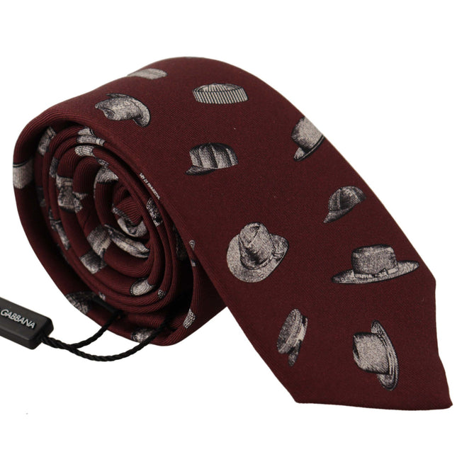 Dolce & Gabbana Maroon Hat Pattern 100% Silk Adjustable Accessory Tie
