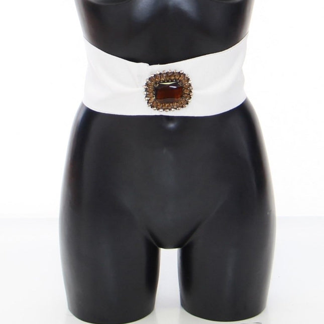 Dolce & Gabbana White Crystal Brass Wide Waist Runway Belt