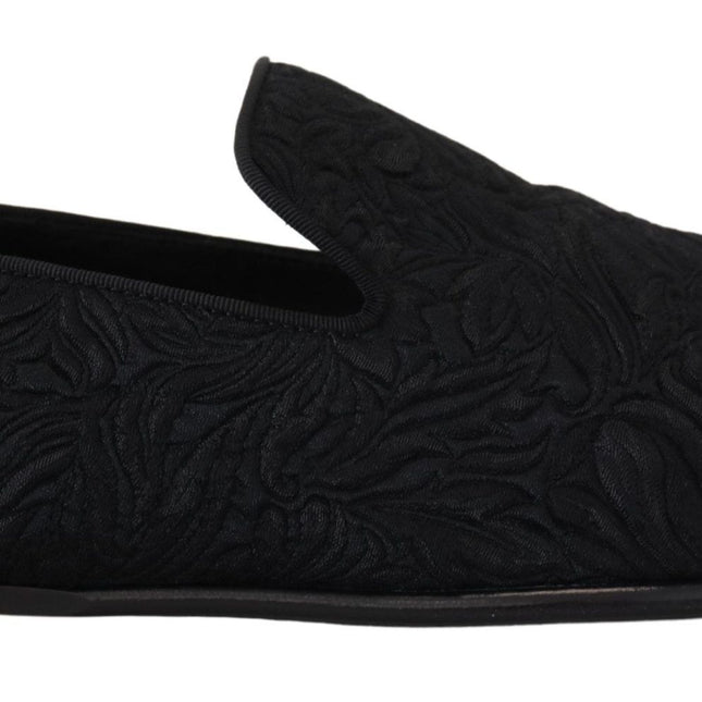 Dolce & Gabbana Black Floral Jacquard Slippers Loafers Shoes