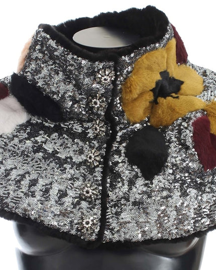 Dolce & Gabbana Silver Sequined Floral Weasel Fur Shoulder Scarf Wrap