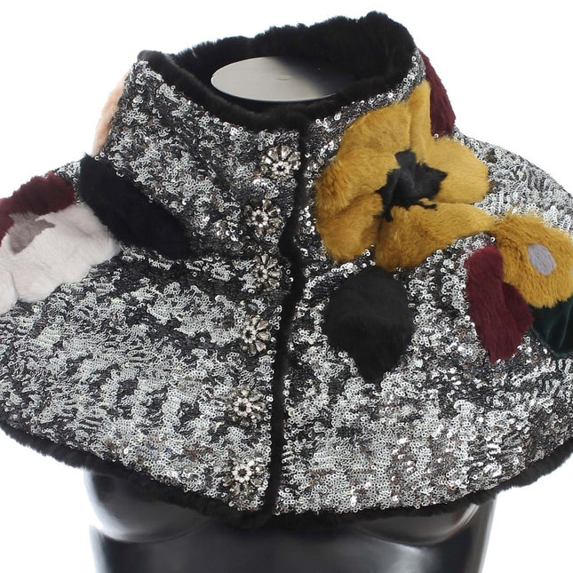 Dolce & Gabbana Silver Sequined Floral Weasel Fur Shoulder Scarf Wrap