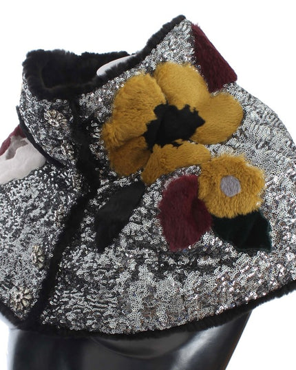 Dolce & Gabbana Silver Sequined Floral Weasel Fur Shoulder Scarf Wrap