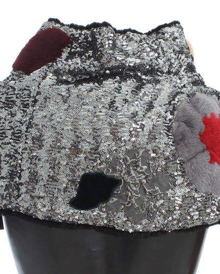 Dolce & Gabbana Silver Sequined Floral Weasel Fur Shoulder Scarf Wrap