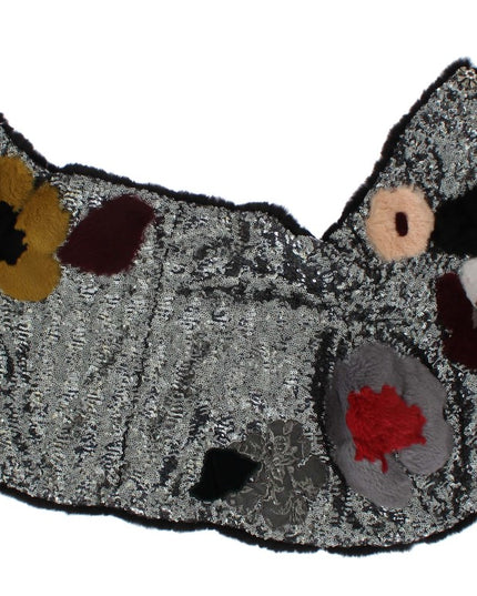 Dolce & Gabbana Silver Sequined Floral Weasel Fur Shoulder Scarf Wrap