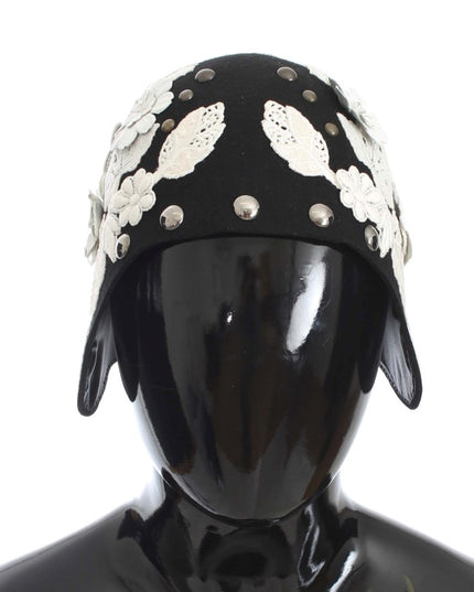Dolce & Gabbana Black Wool White Floral Gold Leaf Hat