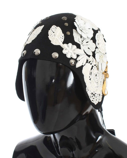 Dolce & Gabbana Black Wool White Floral Gold Leaf Hat