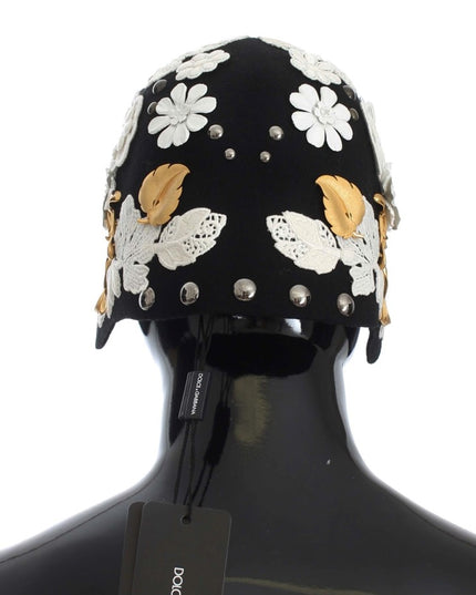 Dolce & Gabbana Black Wool White Floral Gold Leaf Hat