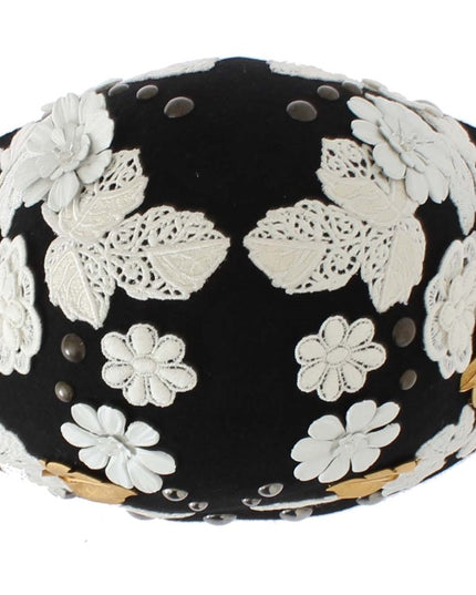Dolce & Gabbana Black Wool White Floral Gold Leaf Hat