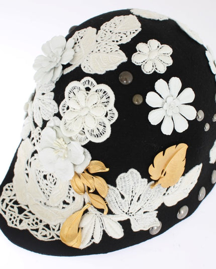 Dolce & Gabbana Black Wool White Floral Gold Leaf Hat