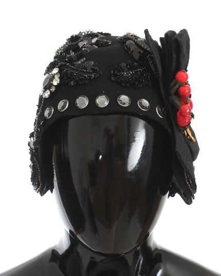 Dolce & Gabbana Black Crystal Gold Cherries Brooch Hat