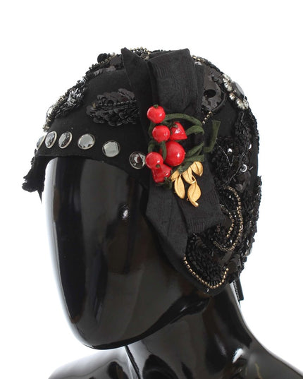 Dolce & Gabbana Black Crystal Gold Cherries Brooch Hat
