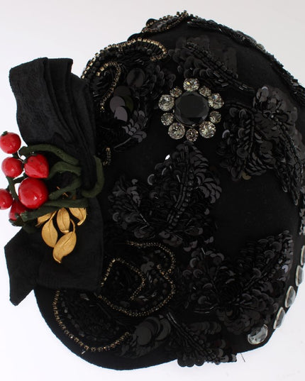 Dolce & Gabbana Black Crystal Gold Cherries Brooch Hat