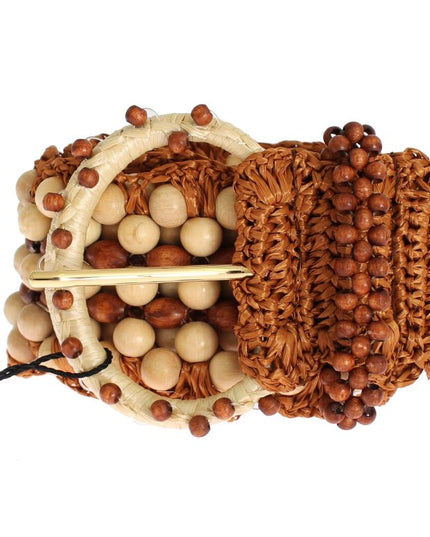 Dolce & Gabbana Brown Raffia Wood Beaded Wide Waist Belt