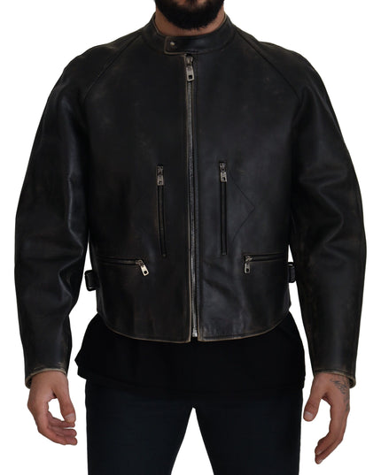 Dolce & Gabbana Black Leather Zipper Biker Coat Jacket