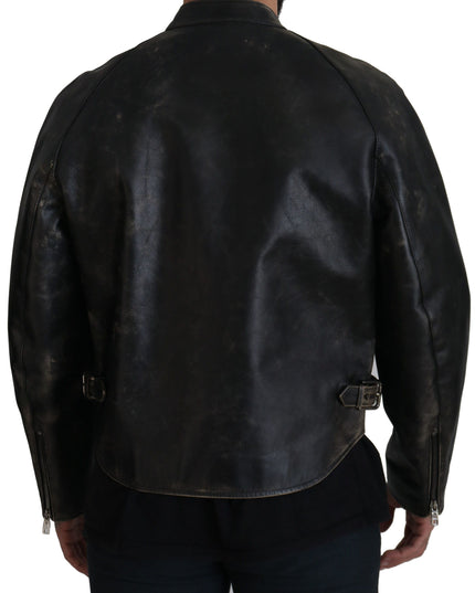 Dolce & Gabbana Black Leather Zipper Biker Coat Jacket