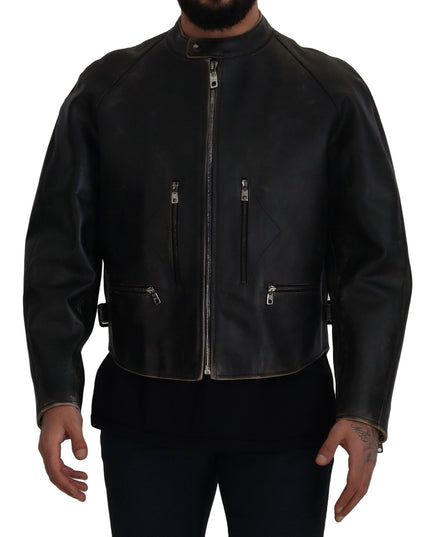 Dolce & Gabbana Black Leather Zipper Biker Coat Jacket
