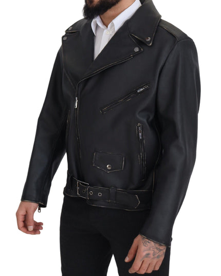 Dolce & Gabbana Black Leather Biker Coat Zipper Jacket