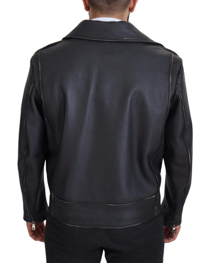 Dolce & Gabbana Black Leather Biker Coat Zipper Jacket