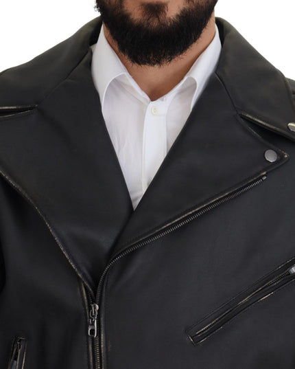 Dolce & Gabbana Black Leather Biker Coat Zipper Jacket