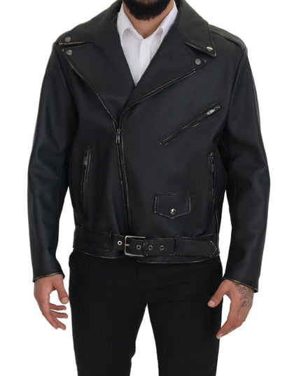 Dolce & Gabbana Black Leather Biker Coat Zipper Jacket