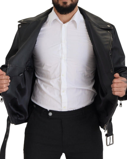 Dolce & Gabbana Black Leather Biker Coat Zipper Jacket