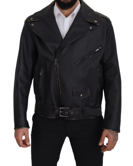 Dolce & Gabbana Black Leather Biker Coat Zipper Jacket