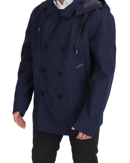 Dolce & Gabbana Blue Hooded Double Breasted Coat Jacket