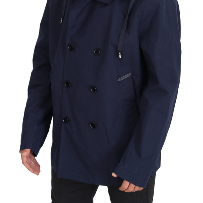 Dolce & Gabbana Blue Hooded Double Breasted Coat Jacket