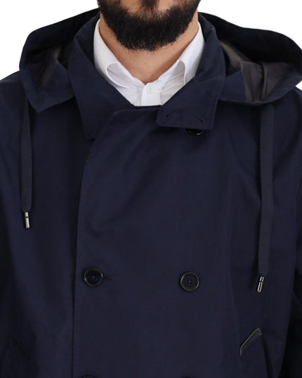 Dolce & Gabbana Blue Hooded Double Breasted Coat Jacket