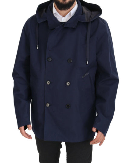 Dolce & Gabbana Blue Hooded Double Breasted Coat Jacket