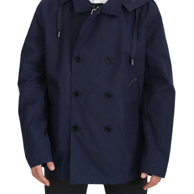 Dolce & Gabbana Blue Hooded Double Breasted Coat Jacket