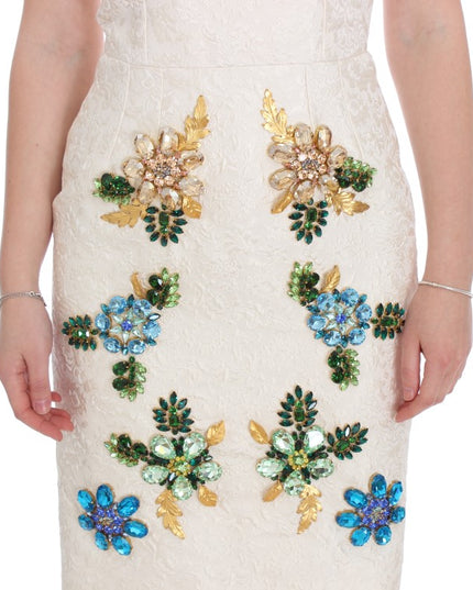 Dolce & Gabbana White Brocade Crystal Sheath Dress