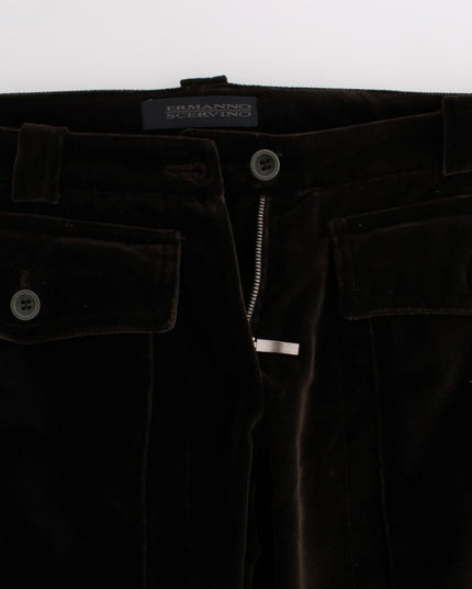 Ermanno Scervino Brown Cotton Velvet Zippers Slim Fit Pants