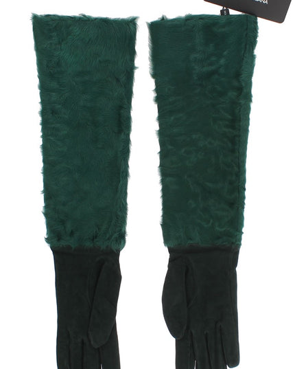 Dolce & Gabbana Green Leather Xiangao Fur Elbow Gloves