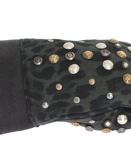 Dolce & Gabbana Gray Wool Shearling Studded Green Leopard Gloves