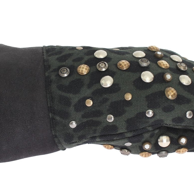 Dolce & Gabbana Gray Wool Shearling Studded Green Leopard Gloves