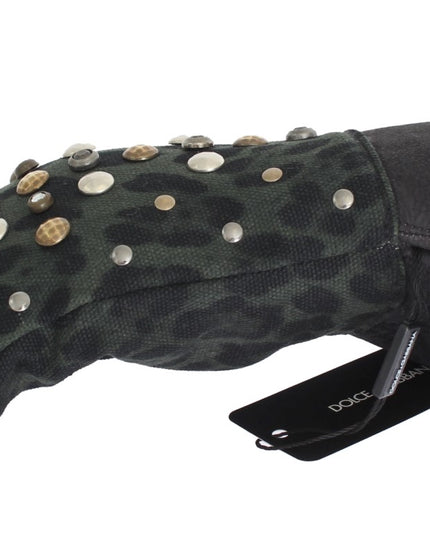 Dolce & Gabbana Gray Wool Shearling Studded Green Leopard Gloves