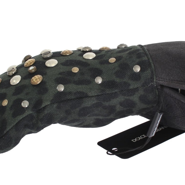 Dolce & Gabbana Gray Wool Shearling Studded Green Leopard Gloves