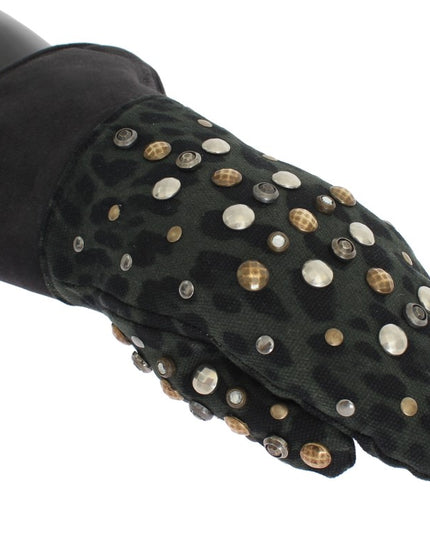 Dolce & Gabbana Gray Wool Shearling Studded Green Leopard Gloves