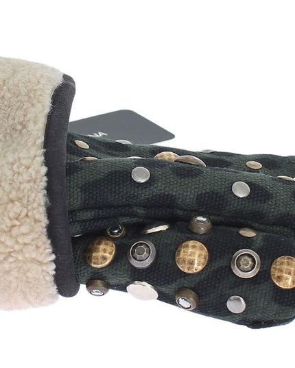 Dolce & Gabbana Gray Wool Shearling Studded Green Leopard Gloves