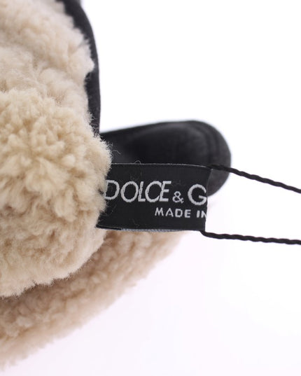 Dolce & Gabbana Gray Wool Shearling Studded Green Leopard Gloves