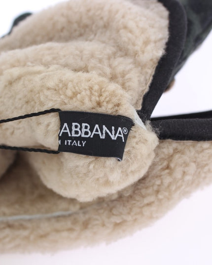 Dolce & Gabbana Gray Wool Shearling Studded Green Leopard Gloves
