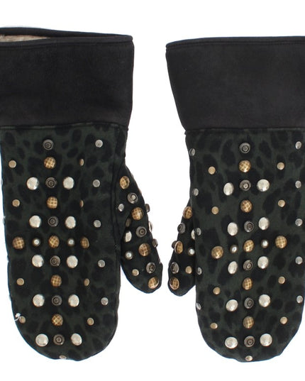 Dolce & Gabbana Gray Wool Shearling Studded Green Leopard Gloves