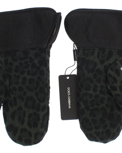 Dolce & Gabbana Gray Wool Shearling Studded Green Leopard Gloves