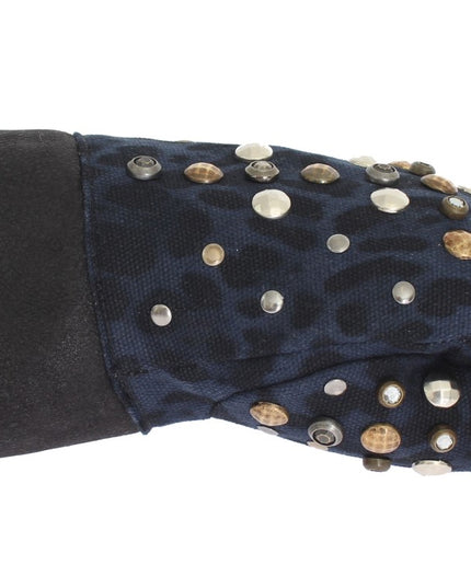 Dolce & Gabbana Gray Wool Shearling Studded Blue Leopard Gloves