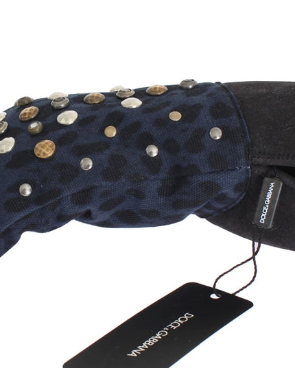 Dolce & Gabbana Gray Wool Shearling Studded Blue Leopard Gloves