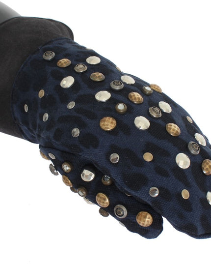 Dolce & Gabbana Gray Wool Shearling Studded Blue Leopard Gloves